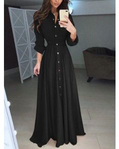Black Single Breasted Belt Turndown Collar Fashion Plus Size Big Swing Maxi Dress