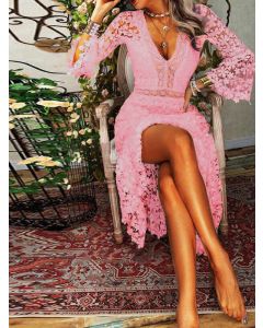 Pink Patchwork Lace Long Sleeve Elegant Bohemian Maxi Dress