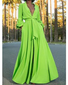 Green Pockets Belt Front Slit Plunging Neckline Streetwear Maxi Dress