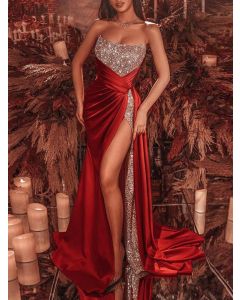 Red Patchwork Sequin Bandeau Side Slit Elegant Prom Evening Party Maxi Dress
