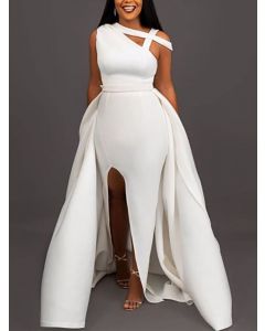 White Irregular Side Slit Big Swing Sleeveless Elegant Cocktail Party Maxi Dress
