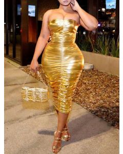 Golden Bandeau Off Shoulder Sparkly Bodycon Sleeveless Fashion Midi Dress