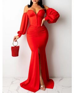 Red Bandeau Off Shoulder Front Slit Long Sleeve Elegant Banquet Bodycon Maxi Dress