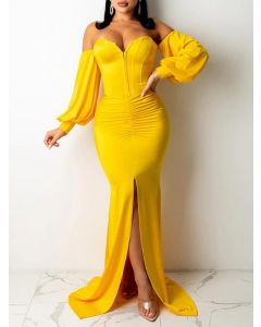 Yellow Bandeau Off Shoulder Front Slit Long Sleeve Elegant Banquet Bodycon Maxi Dress