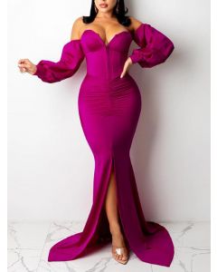 Purple Bandeau Off Shoulder Front Slit Long Sleeve Elegant Banquet Bodycon Maxi Dress