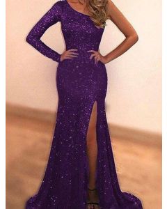 Purple Sequin Slit Irregular One-shoulder Elegant Maxi Dress