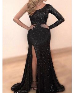 Black Sequin Side Slit Oblique Shoulder Long Sleeve Elegant Party Maternity Maxi Dress