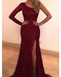 Wine Red Sequin Side Slit Oblique Shoulder Long Sleeve Elegant Party Maternity Maxi Dress