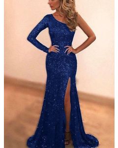 Blue Sequin Side Slit Oblique Shoulder Long Sleeve Elegant Party Maternity Maxi Dress