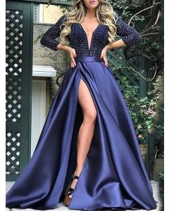 Maxi vestido encaje con abertura lateral gran columpio cuello en V elegante banquete azul marino.