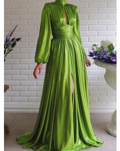 Green Draped Slit Long Sleeve Elegant Prom Evening Party Big Swing Maxi Dress