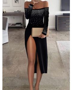 Black Rhinestone Off Shoulder Thigh High Side Slits Long Sleeve Elegant Midi Dress