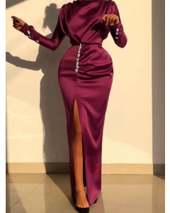 Wine Red Rhinestone Side Slit Long Sleeve Elegant Bodycon Maxi Dress