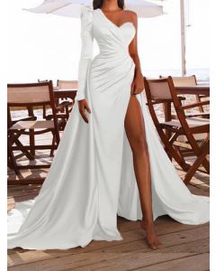 White Asymmetric Shoulder Side Slit Big Swing Long Sleeve Elegant Banquet Maxi Dress