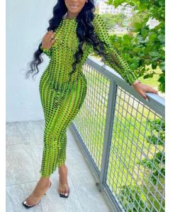 Green Irregular Long Sleeve Fashion Clubwear Bodycon Maxi Dress