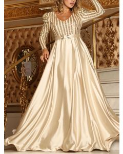 Apricot Patchwork Striped Sequin Long Sleeve Elegant Banquet Big Swing Maxi Dress