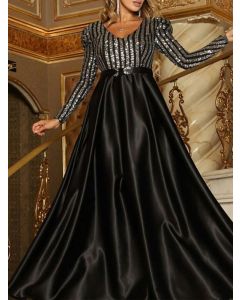 Silver Patchwork Striped Sequin Long Sleeve Elegant Banquet Big Swing Maxi Dress