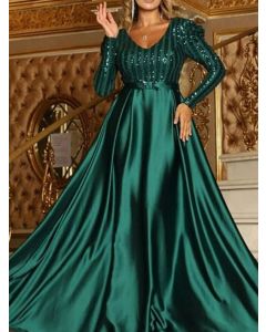 Green Patchwork Sequin Big Swing Long Sleeve Elegant Banquet Maxi Dress