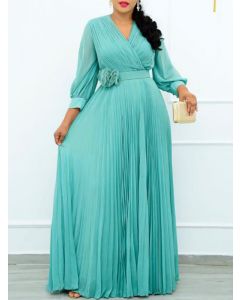 Blue Pleated Belt Cross Chest Long Sleeve Elegant Plus Size Maxi Dress
