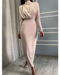 Apricot Ruffle High Neck Long Sleeve Fashion Bodycon Maxi Dress
