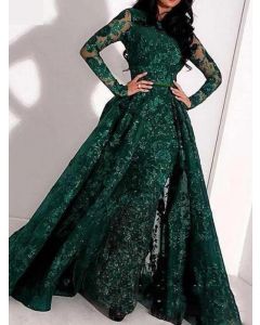 Green Patchwork Lace Embroidery Front Slit Long Sleeve Fashion Big Swing Maxi Dress