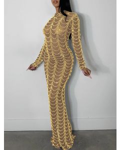 Golden Sequin Grenadine Slit Long Sleeve Fashion Clubwear Bodycon Maxi Dress