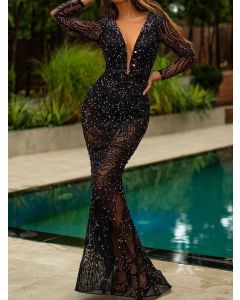 Black Sequin Bronzing Long Sleeve Fashion Prom Evening Party Bodycon Maxi Dress