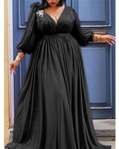 Black Draped Side Slit V-neck Slit Sleeve Fashion Plus Size Maxi Dress