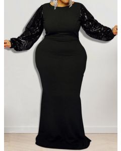 Black Patchwork Sequin Long Sleeve Fashion Plus Size Maxi Dress