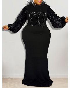 Black Patchwork Sequin Tassel Long Sleeve Fashion Plus Size Maxi Dress