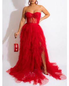 Red Patchwork Lace Grenadine Bandeau Side Slit Sleeveless Elegant Maxi Dress