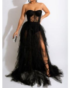Black Patchwork Lace Grenadine Bandeau Side Slit Sleeveless Elegant Maxi Dress