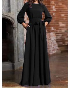 Black Pockets Belt Draped 3/4 Sleeve Fashion Plus Size Maxi Dress