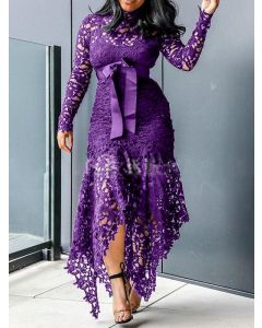 Purple Patchwork Lace Irregular Lace Up Long Sleeve Elegant Midi Dress