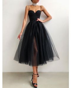 Black Grenadine Condole Belt Side Slit Tulle Sleeveless Elegant Midi Dress