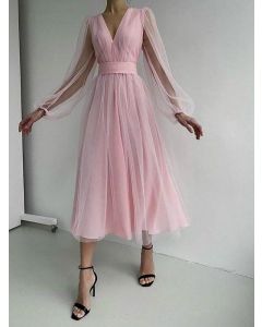 Pink Grenadine Tulle A-Line Long Sleeve Elegant Prom Evening Party Midi Dress