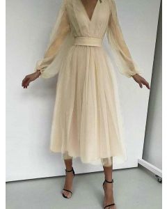 Beige Grenadine Tulle A-Line Long Sleeve Elegant Prom Evening Party Midi Dress