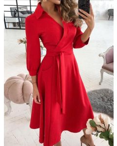 Red Belt Pockets Cross Chest 3/4 Sleeve Fashion Midi Dress