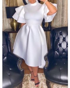 White Ruffle Big Swing Short Sleeve Elegant Plus Size Midi Dress