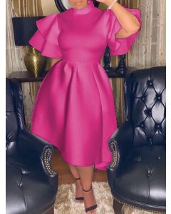 Rose Carmine Ruffle Big Swing Flutter Sleeve Fashion Midi-Kleid