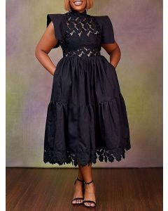 Black Patchwork Lace Pockets Big Swing Sleeveless Elegant Midi Dress