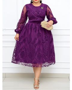 Purple Lace Print Big Swing Long Sleeve Elegant Plus Size Midi Dress