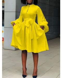 Yellow Belt Pockets Big Swing Long Sleeve Elegant Plus Size Midi Dress