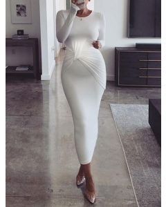 White Irregular Ruched Bodycon Long Sleeve Elegant Maternity Maxi Dress