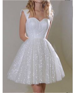 Mini vestido gran columpio de tul con lentejuelas sin mangas elegante fiesta de graduación blanco