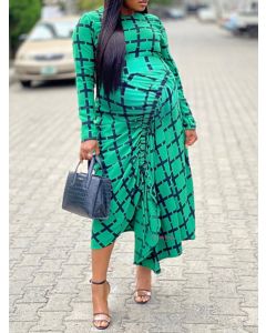 Green Plaid Drawstring Irregular Long Sleeve Elegant Plus Size Maternity Midi Dress