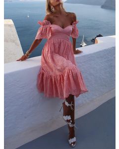 Pink Polka Dot Ruffle Schulterfrei U-Boot-Ausschnitt Elegantes Midikleid