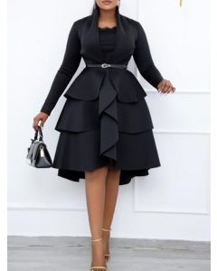 Black Belt Cascading Ruffle High-low Long Sleeve Elegant Plus Size Midi Dress