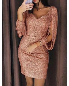 Mini abito festa di moda con scollo A V aderente con nappe in paillettes oro rosa