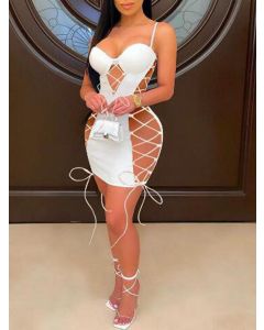 White Condole Belt Cut Out Irregular Lace-up Bodycon V-neck Fashion Mini Dress